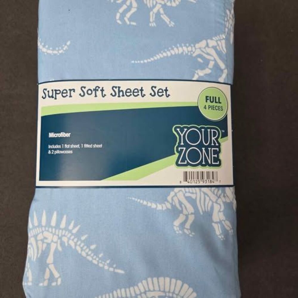 Full size super soft microfiber sheet sheet light blue white dinosaur skeletons
